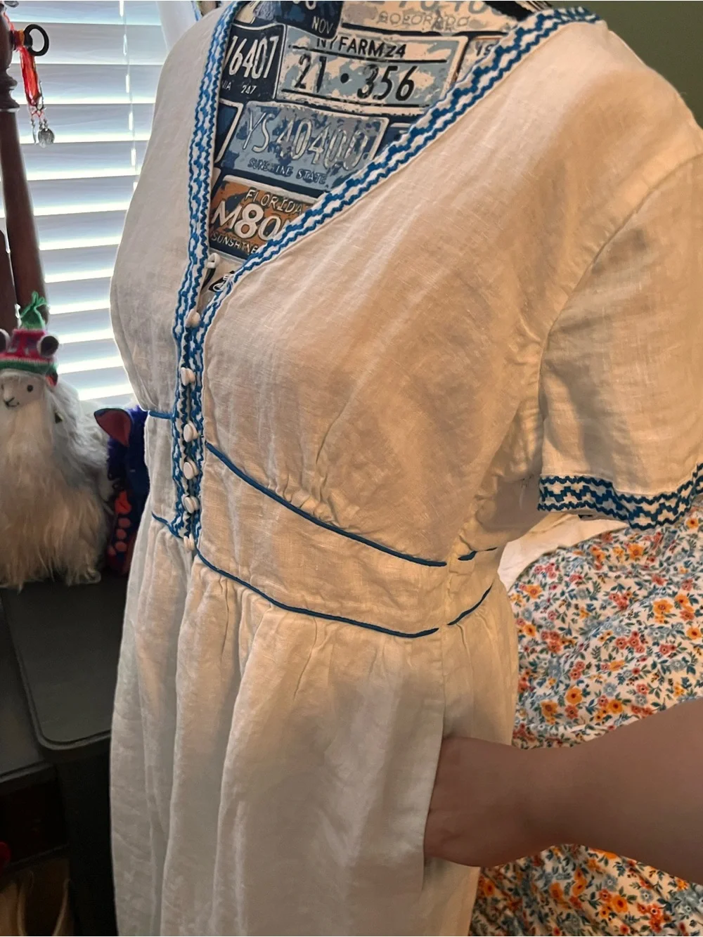 J. Crew White Linen Midi Dress with Blue Embroidered Trim